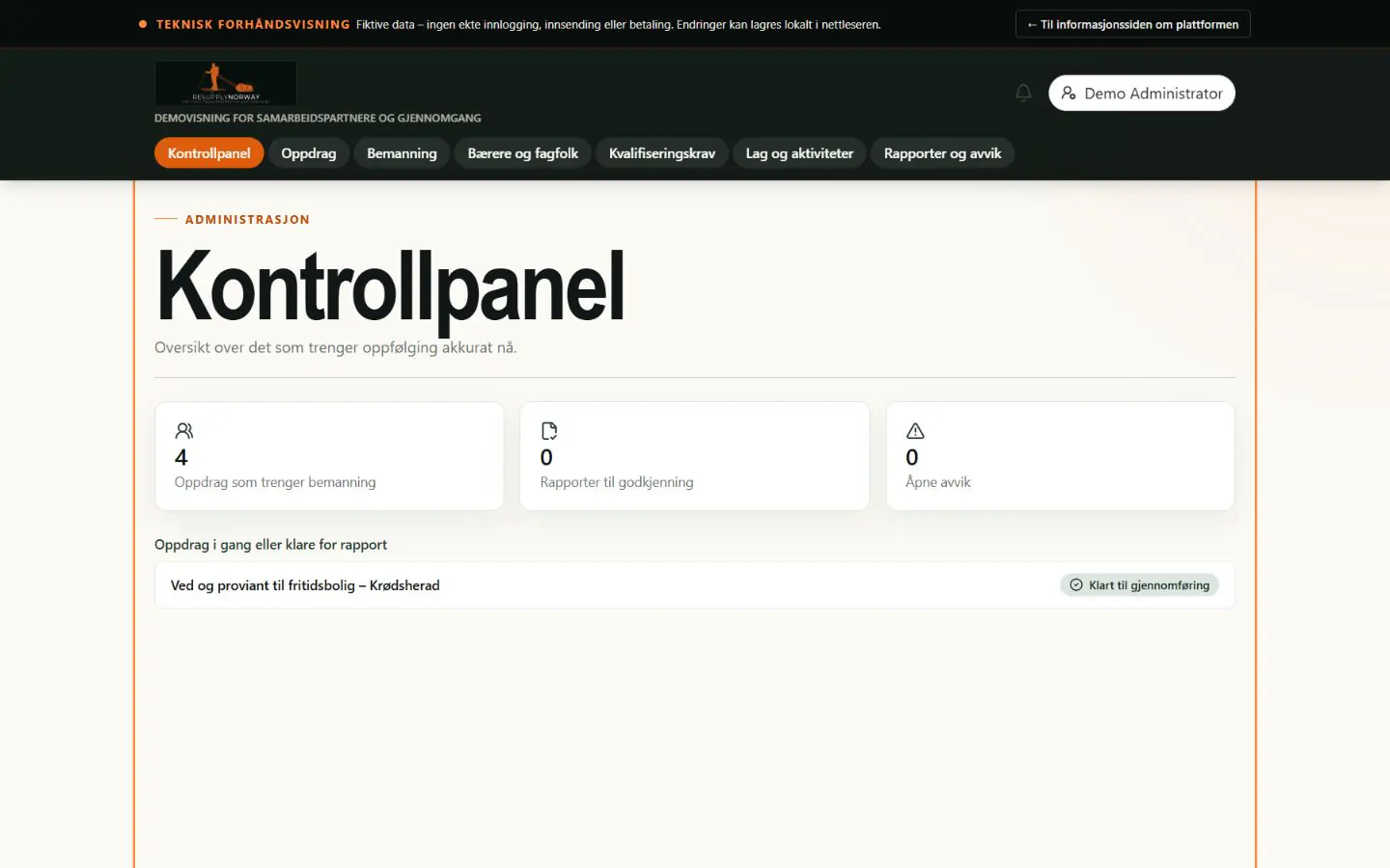 Kontrollpanel med oppdragsstatus, bemanningsbehov og neste handling